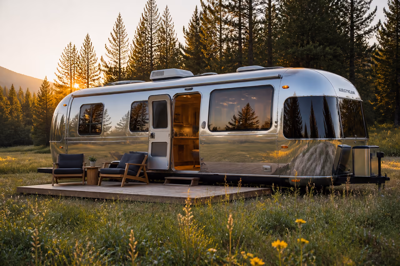 Luxury Airstream Home Parked in a Pine Forest Meadow