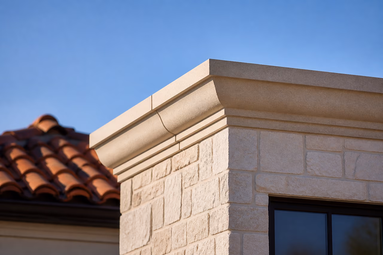 Cast Stone Parapet Cap Installed on Luxury Building Roofline