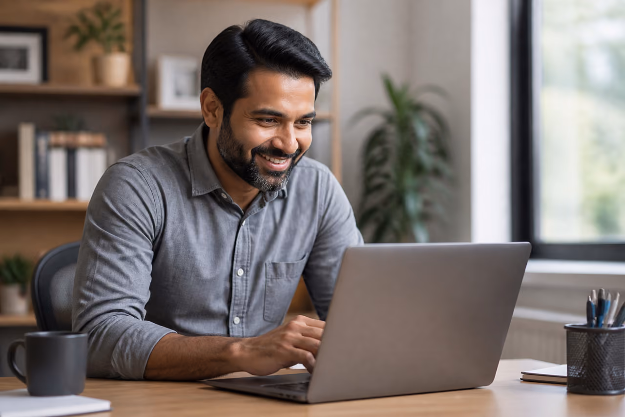Professional Man Viewing Social Media Profile on Laptop