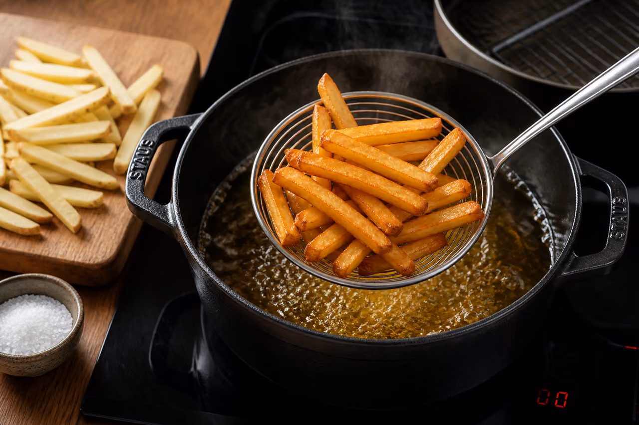 Golden French Fries Being Lifted from Hot Oil