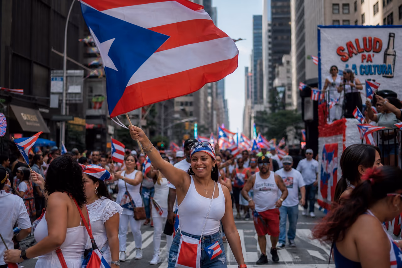 Celebrants Waving Flags During the Puerto Rican Day Parade Nyc