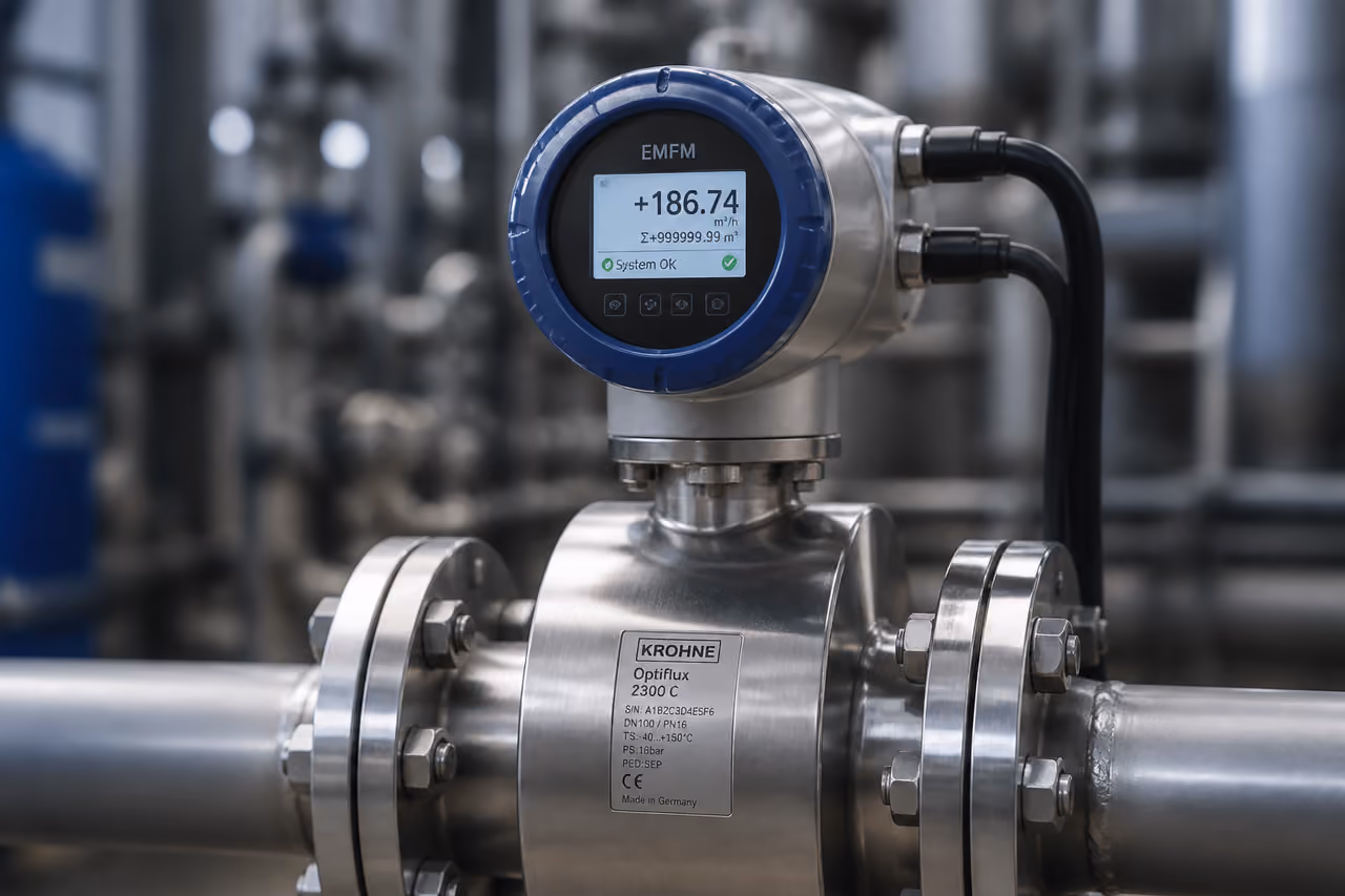 Industrial Electromagnetic Flow Meter Installed on Steel Pipeline