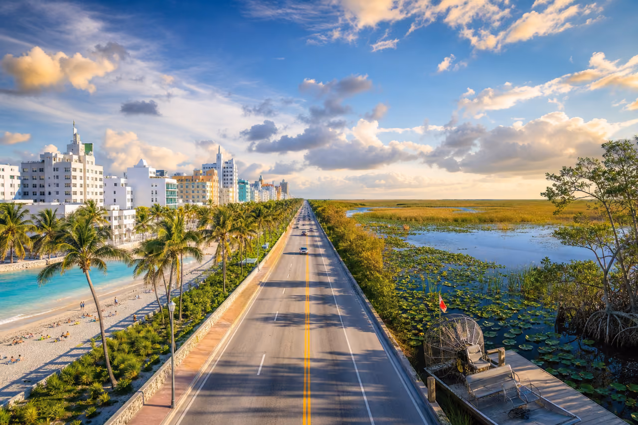 Scenic Highway Transition from Miami South Beach to the Everglades