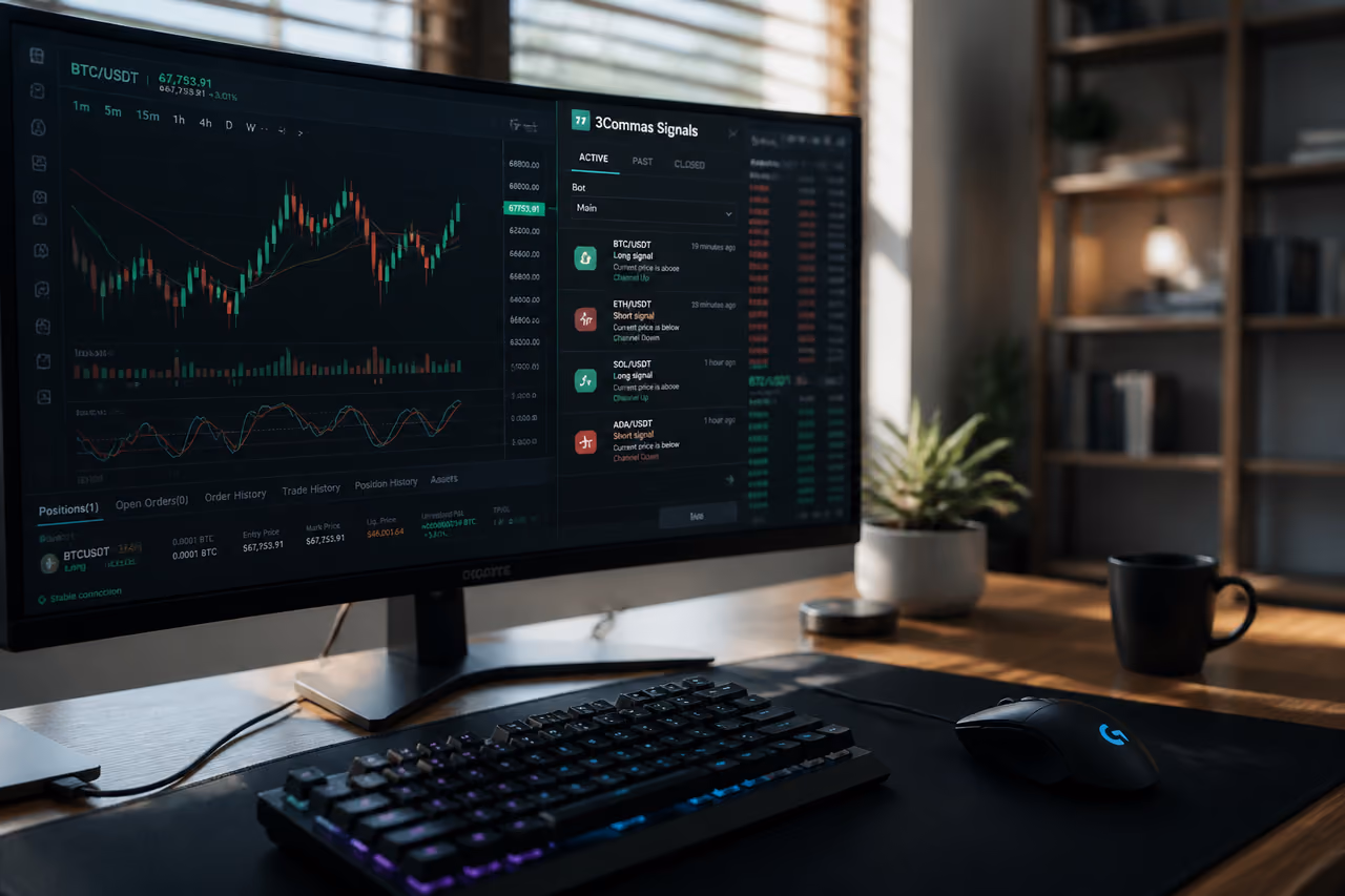 Trading Station Displaying 3commas Signals on a Computer Monitor
