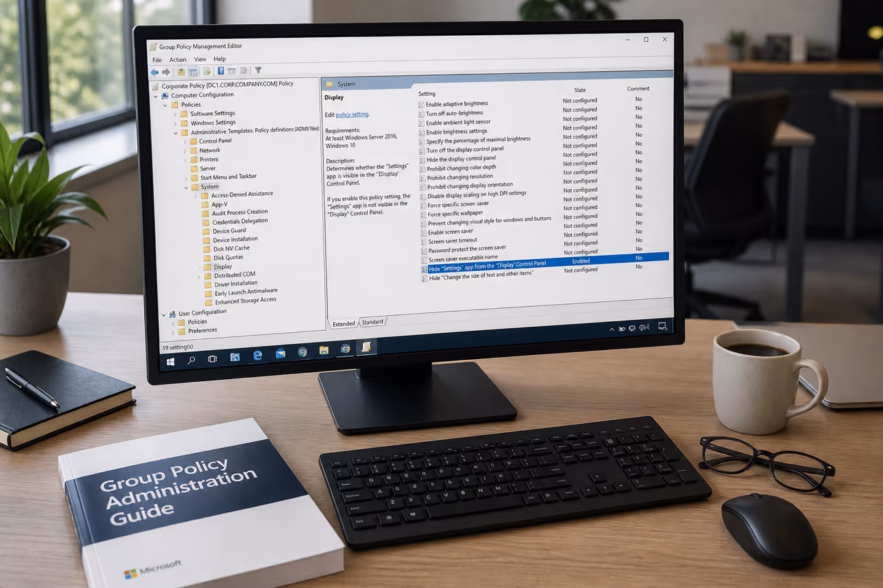 It Professional Using a Group Policy Administration Guide at a Desk