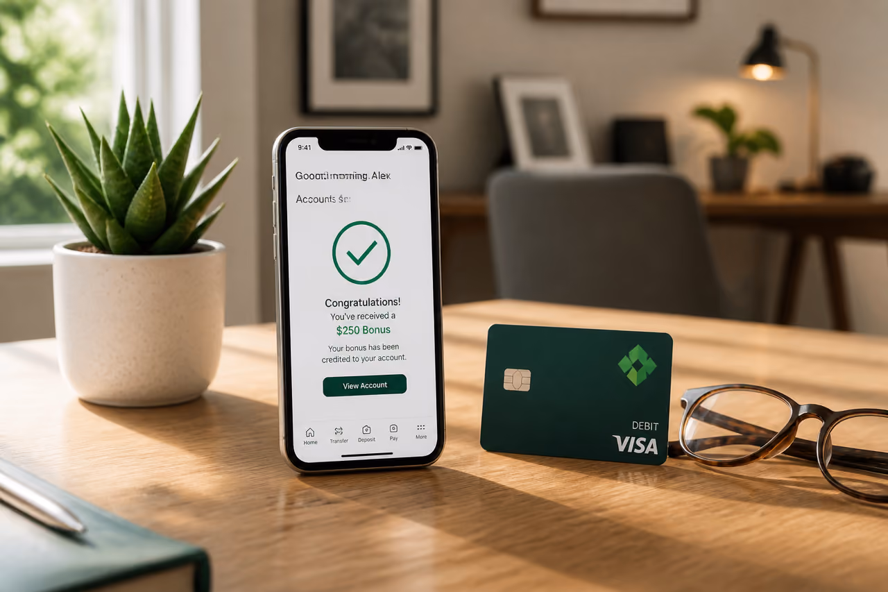 Smartphone Displaying a Bank Promotion Bonus on a Desk