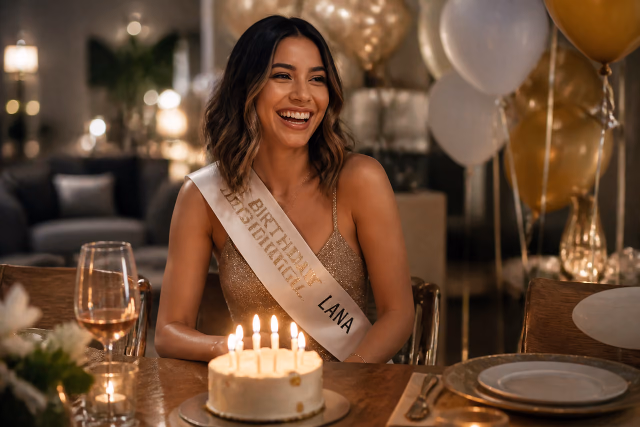 Woman Celebrating Her Birthday with Cake and Balloons