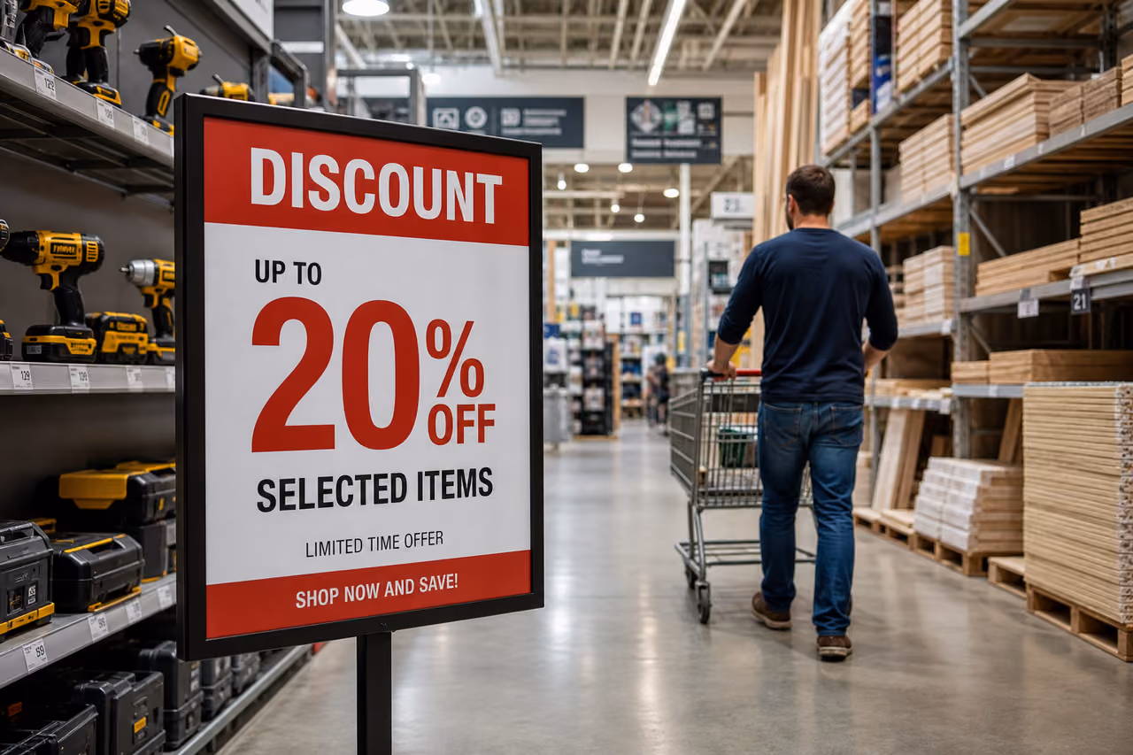 Discount Signage in a Home Improvement Store Aisle