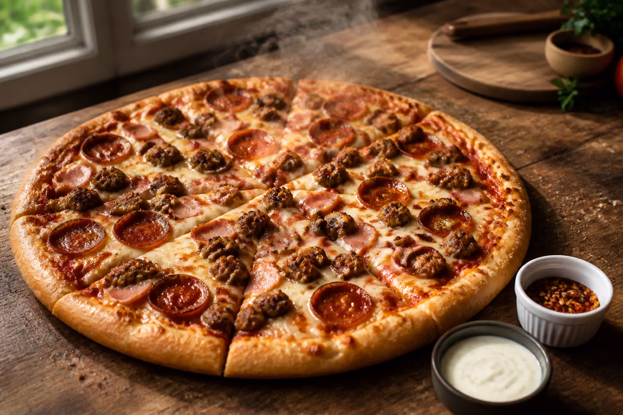 Meat Loaded Feast Pizza on a Rustic Wooden Table