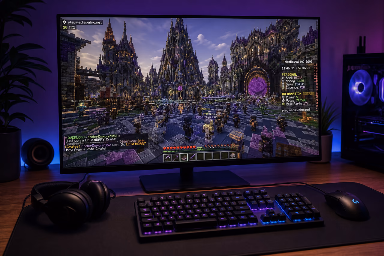 Gaming Setup Displaying a Minecraft Mmorpg Server City