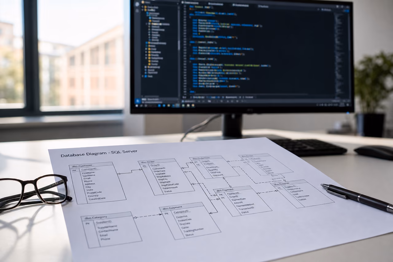 Printed Sql Server Database Diagram on Professional Office Desk