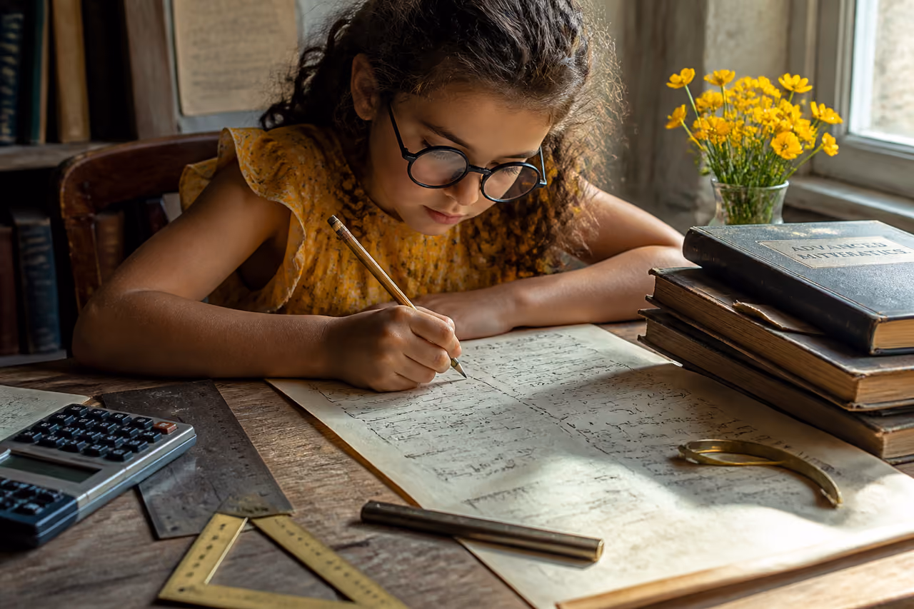 Young Girl Solving Complex Math Equations at a Wooden Desk