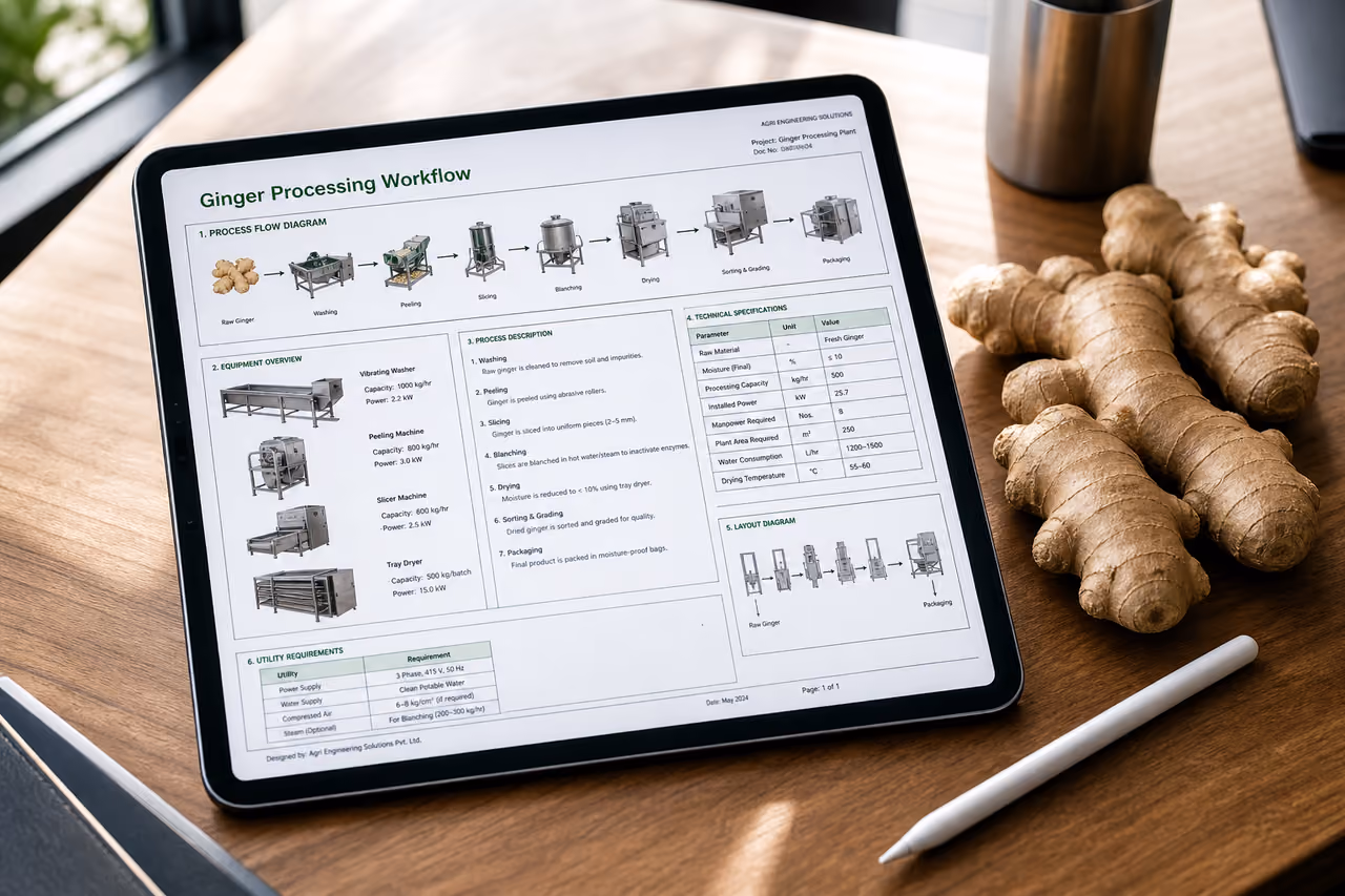 Technical Ginger Processing PDF Displayed on Digital Tablet