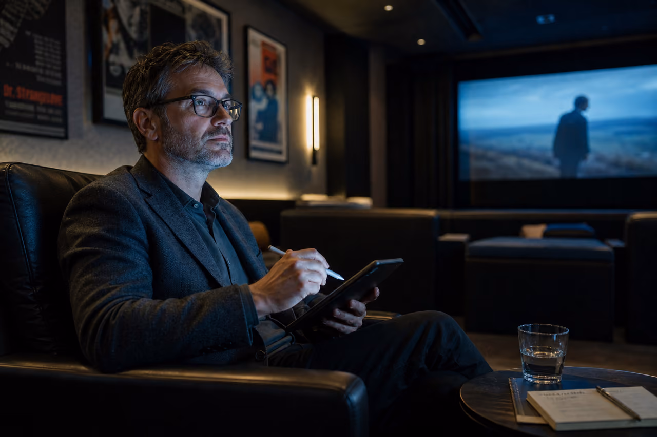 Film Critic Taking Notes During a Movie Screening