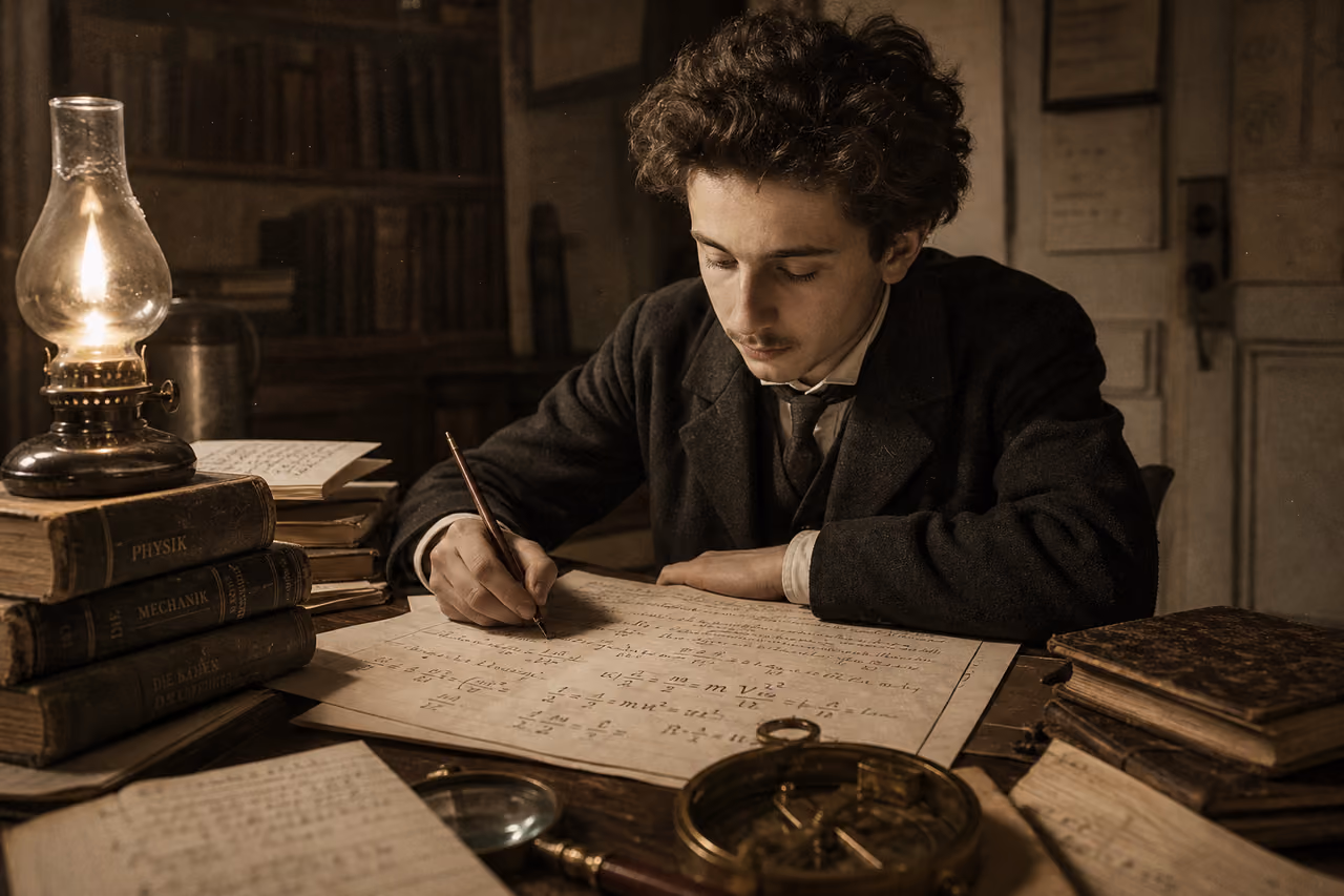 Young Albert Einstein Writing Equations in a Vintage Study