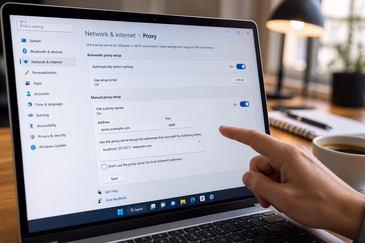 Person Accessing Proxy Server Settings on a Laptop