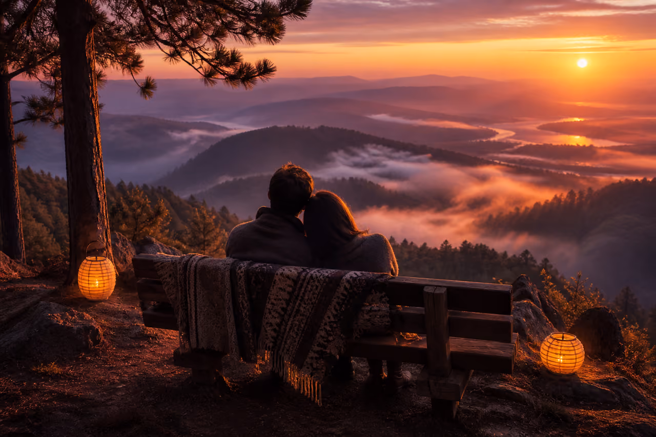 Couple Sitting at a Scenic Mountain Overlook During Golden Hour Sunset