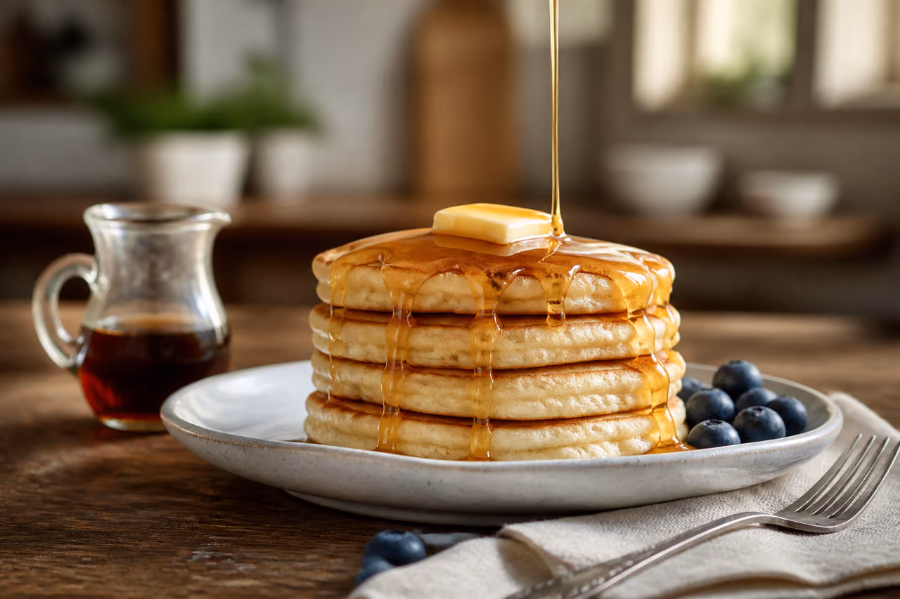 Golden Syrup Pouring Over a Stack of Fluffy Pancakes