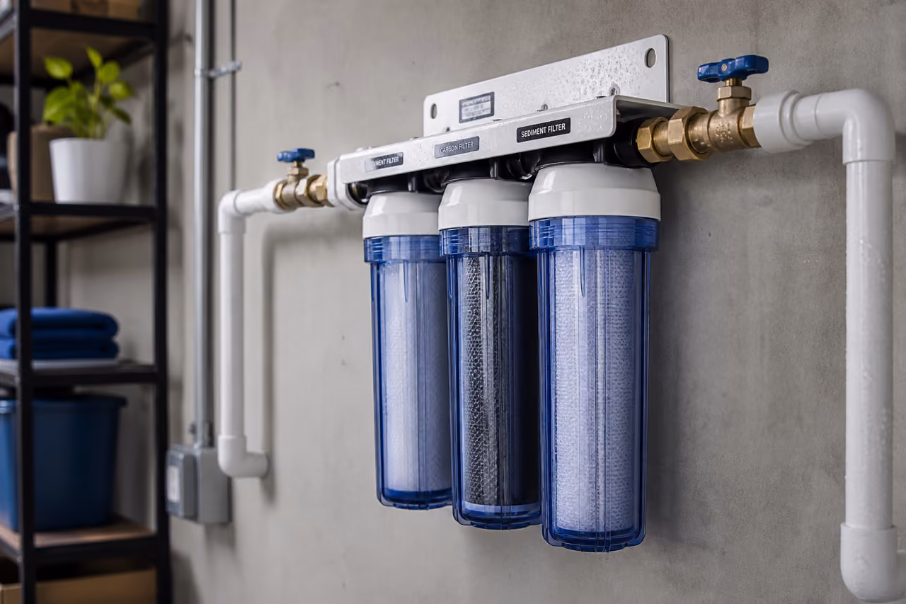 Whole House Water Filter System Installed in Residential Utility Room