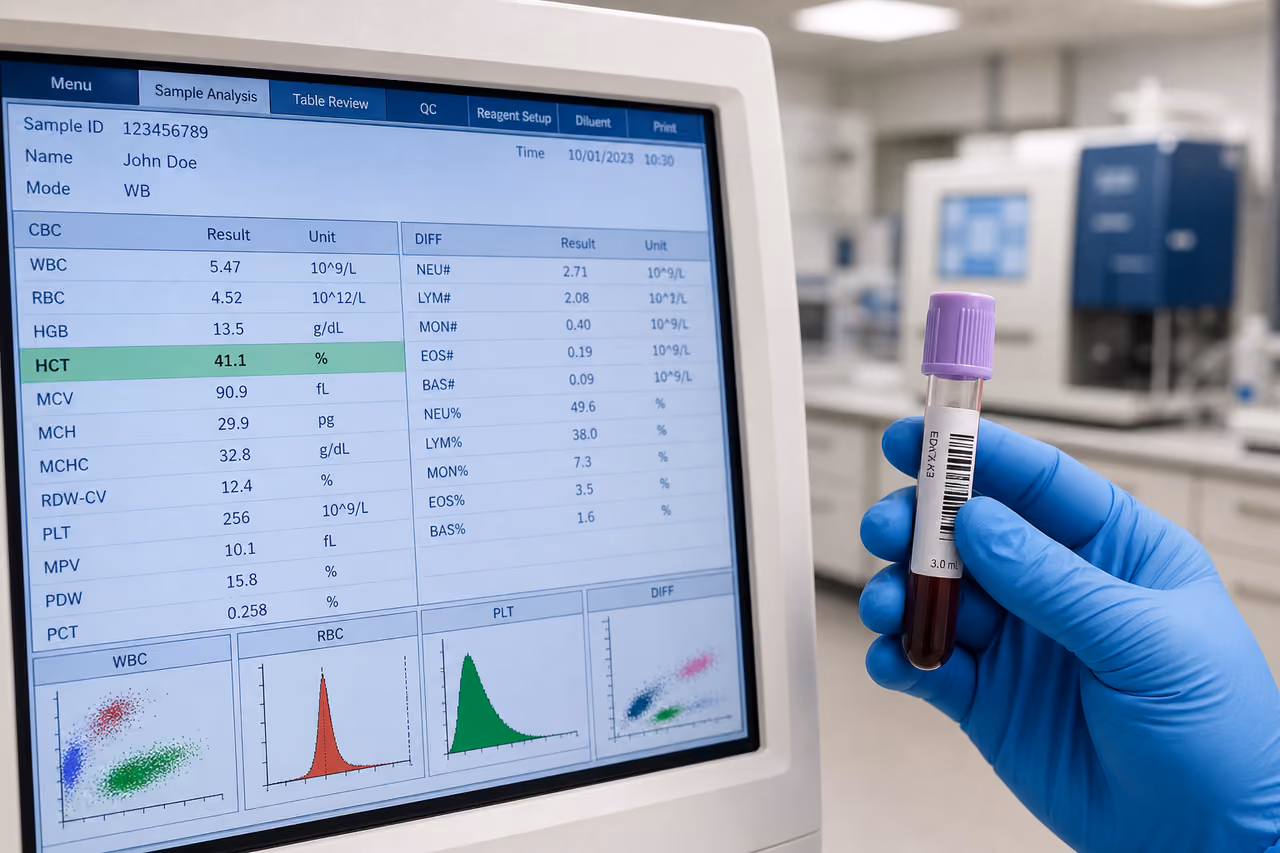 Hematology Analyzer Displaying Hct Units and Blood Sample