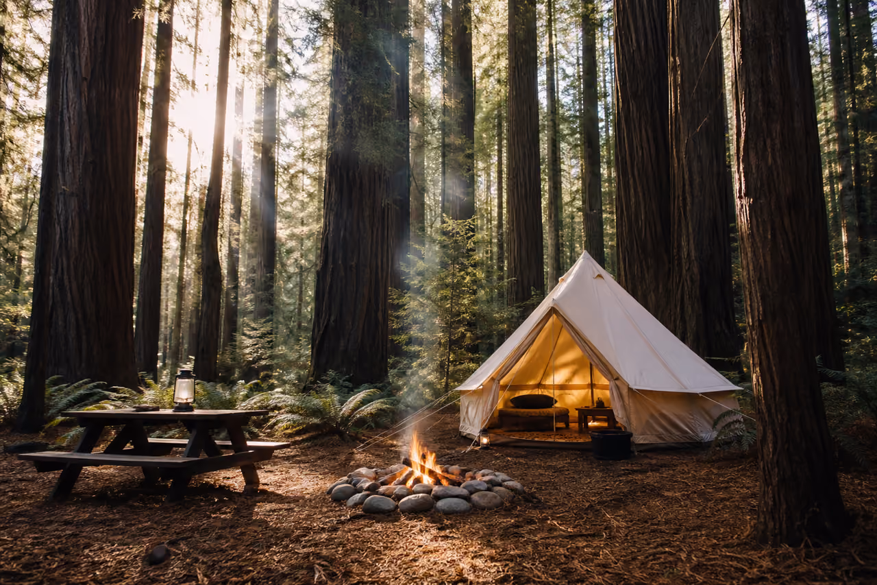 Canvas Tent and Campfire at Ramblin' Redwoods Campground