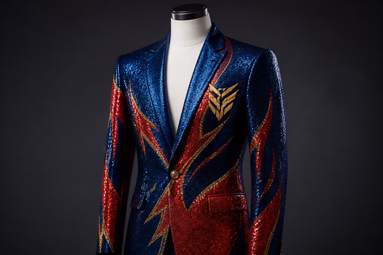Luxury Sequin Jacket with Superhero Emblem on Mannequin