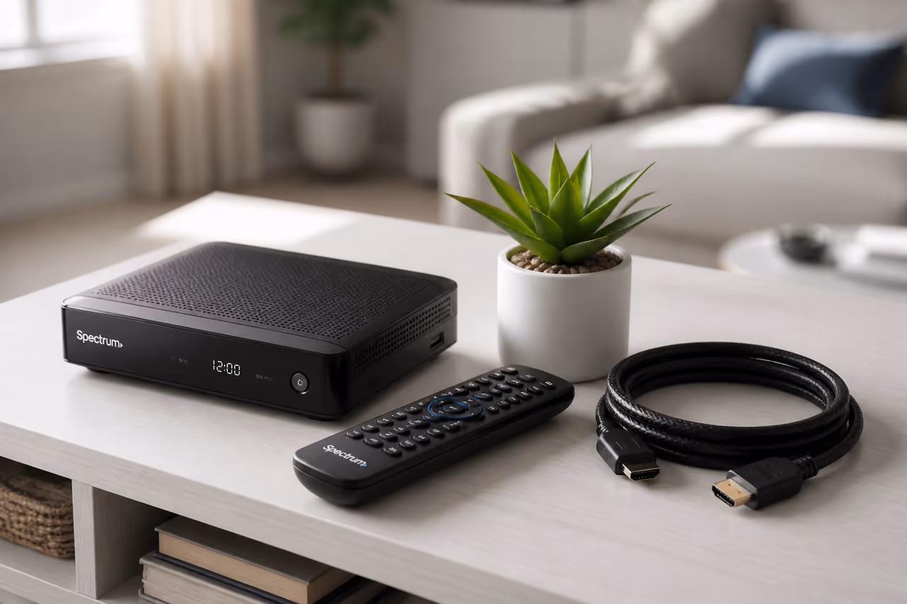 Spectrum Wireless Cable Box and Remote on a Minimalist Stand