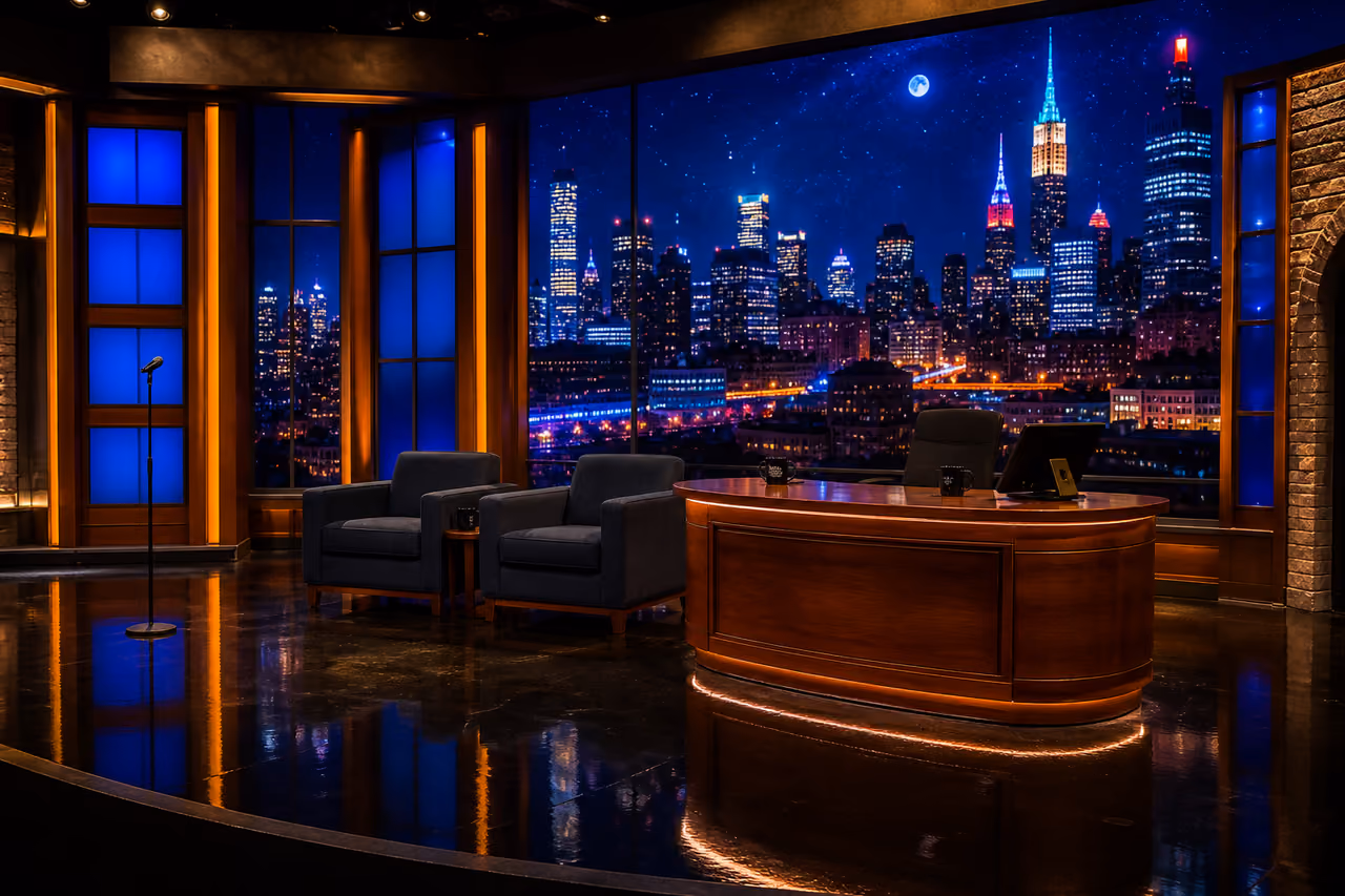 Empty Late Night Talk Show Set with City Backdrop