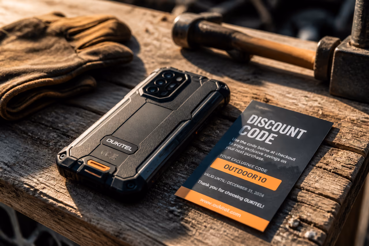 Rugged Smartphone and Discount Voucher on Industrial Workbench