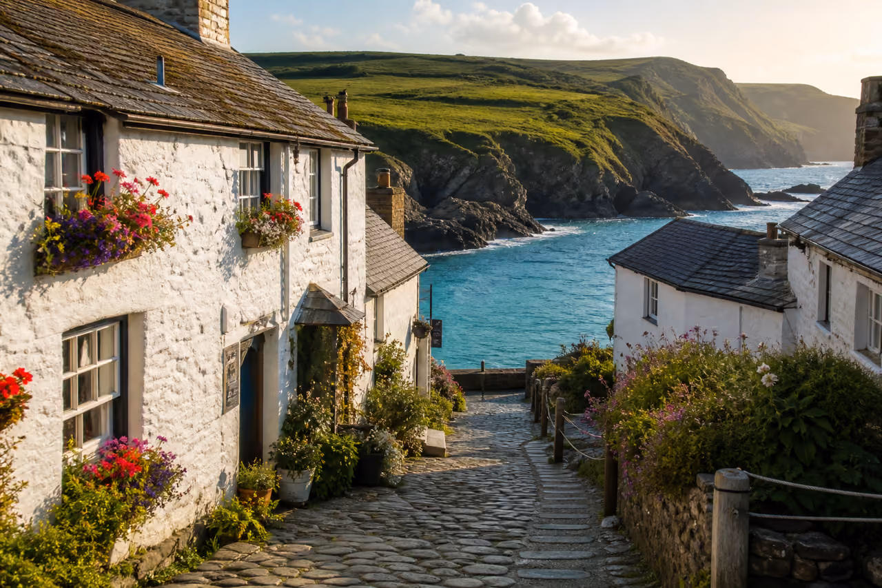 Traditional Whitewashed Cottages in a Cornish Coastal Village