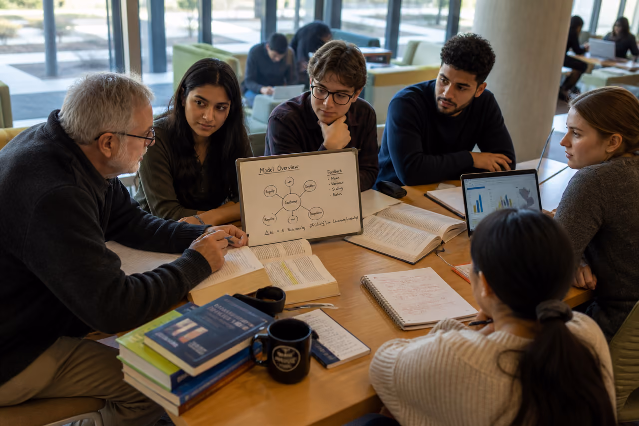 University Students and Professor Discussing Education Sciences Research