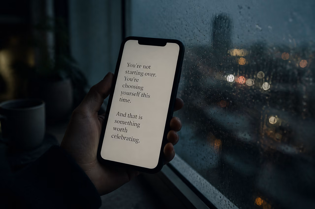 Person Reading Emotional Quotes on Smartphone by Rainy Window