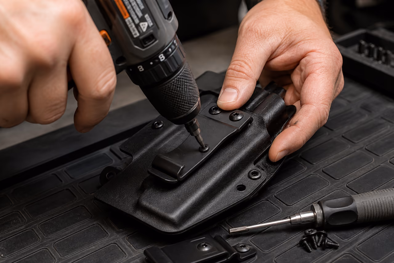 Hands Attaching a Belt Clip to a Kydex Holster