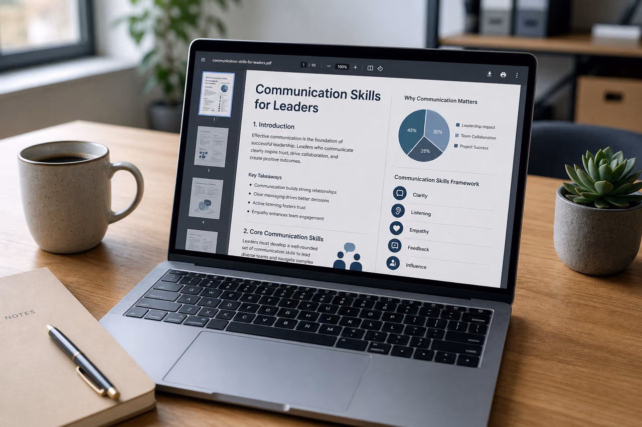 Leadership Communication PDF Document Displayed on Laptop Screen