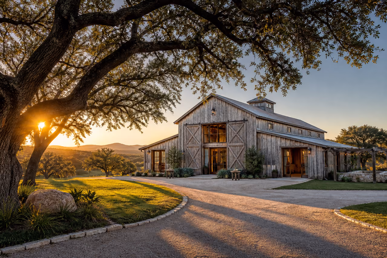 Rustic Barn and Oak Trees at a Texas Event Venue
