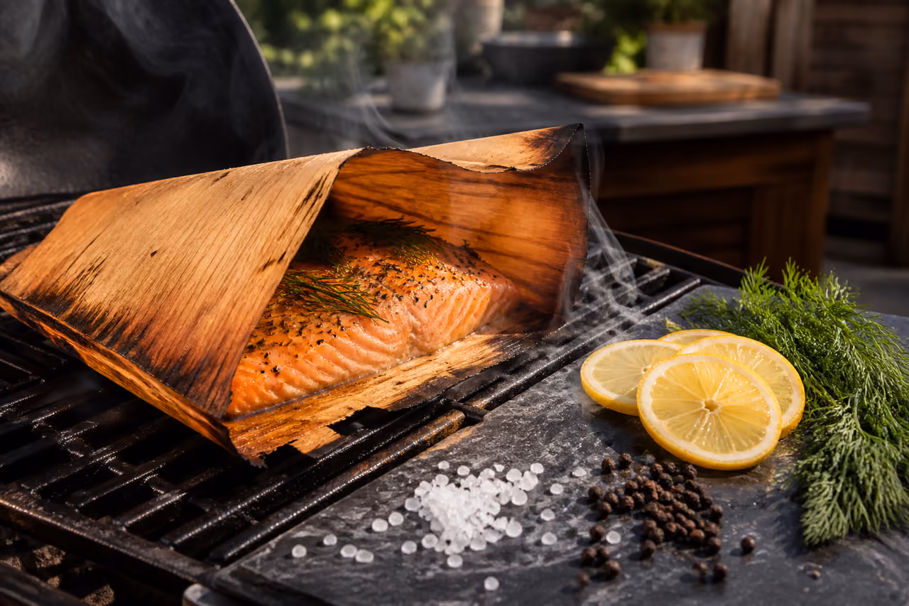 Fresh Salmon Fillet Wrapped in Cedar Grilling Paper on Iron Grill