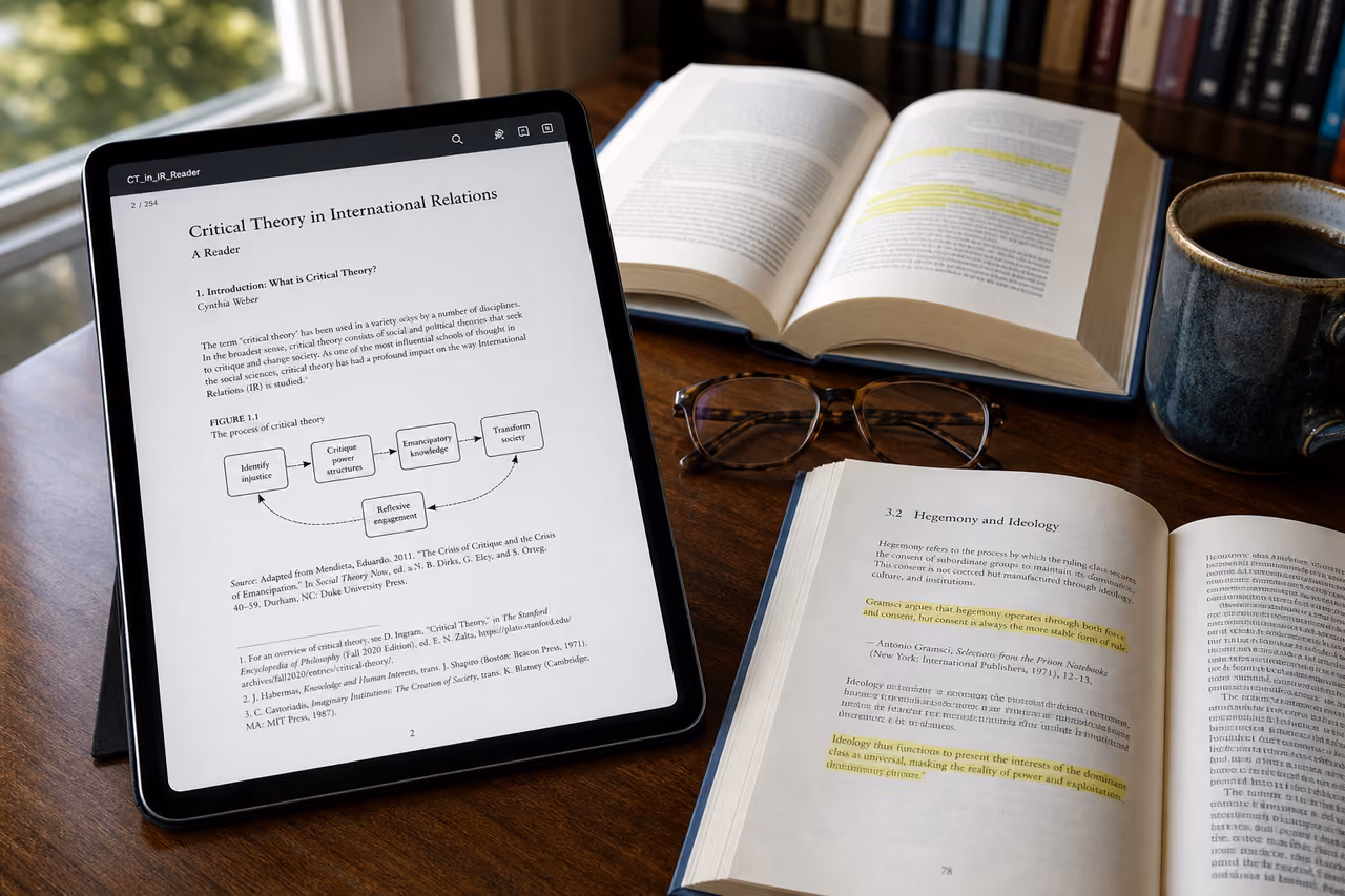 Laptop Displaying Critical Theory in International Relations PDF on Desk