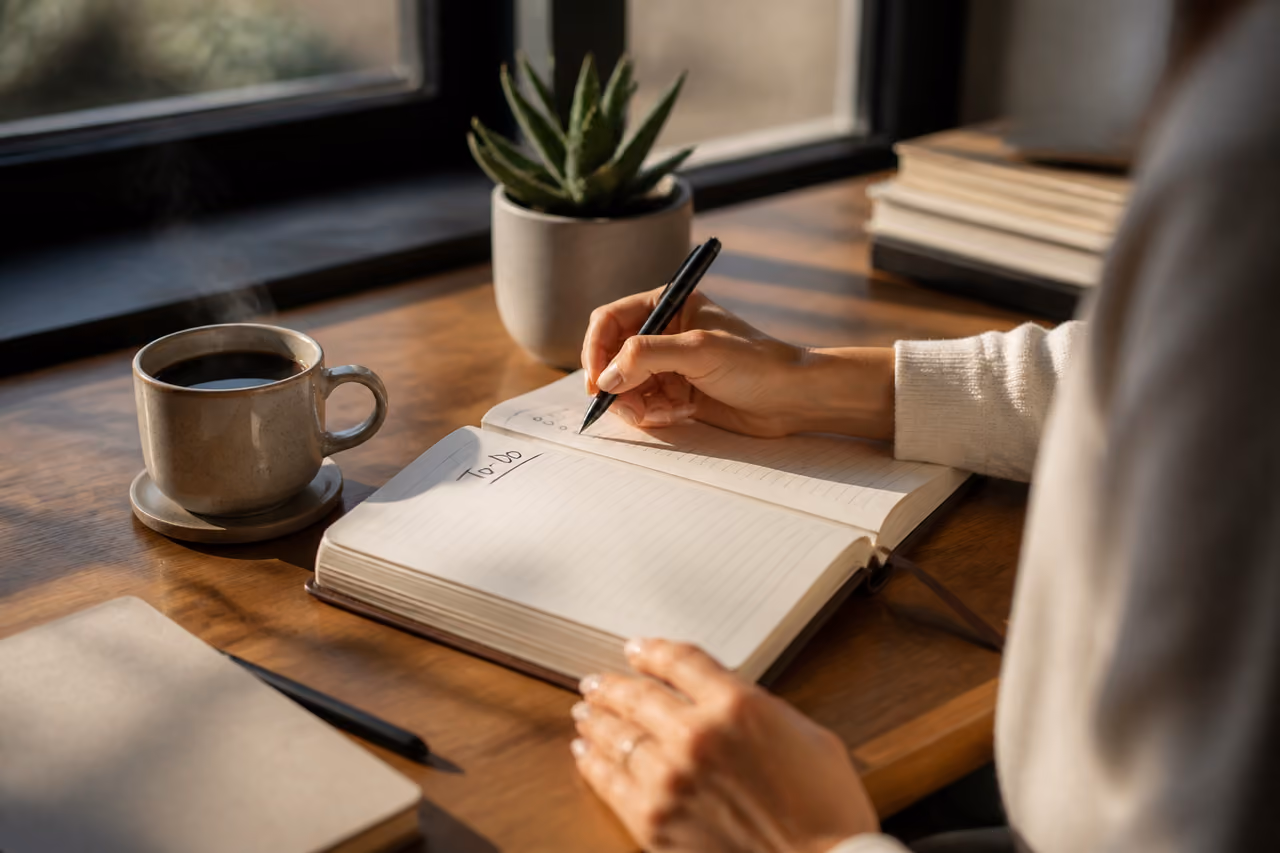 Person Organizing a Planner on a Sunny Wooden Desk