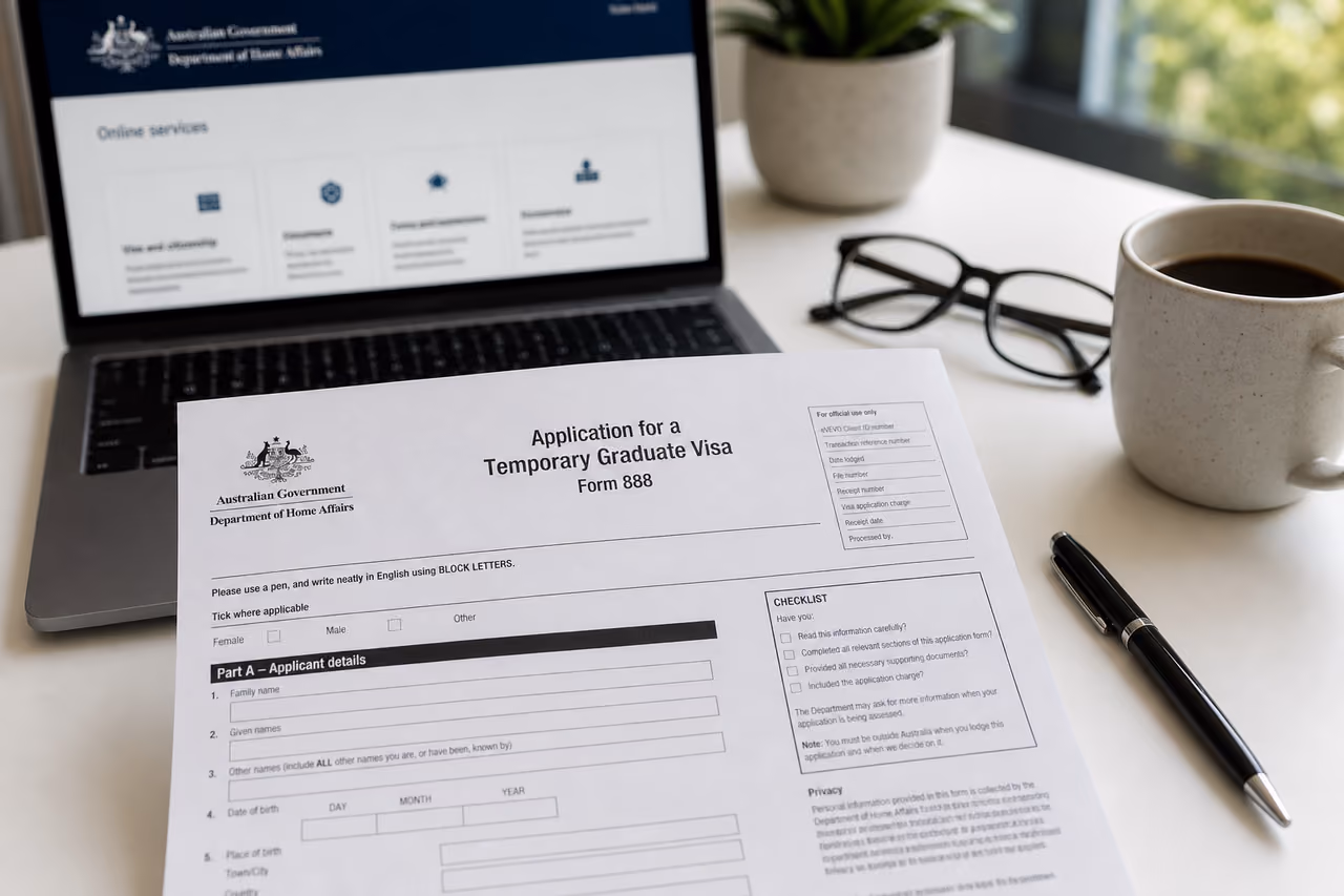 Australian Visa Application Form 888 on Professional Office Desk