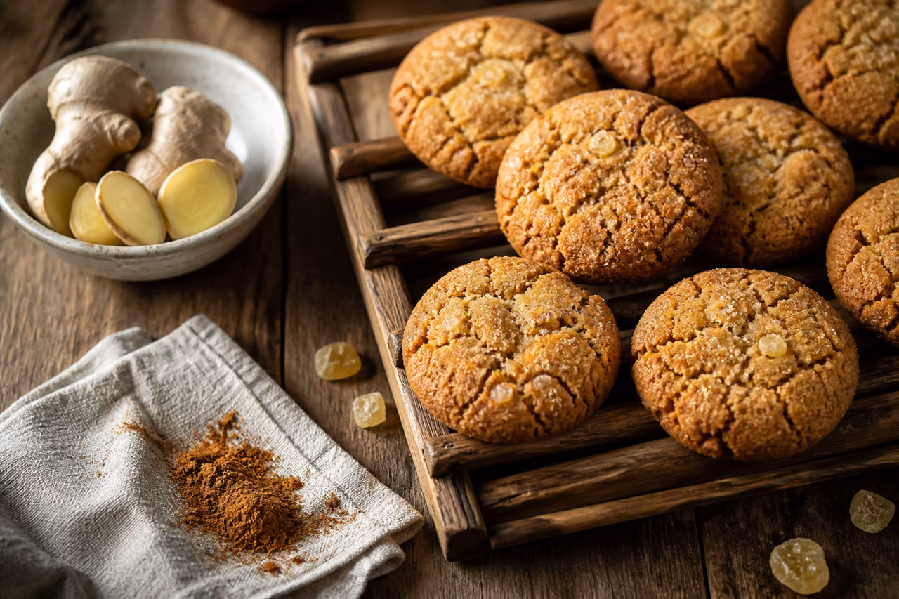 Homemade Easy Ginger Crunch Cookies on a Wooden Cooling Rack