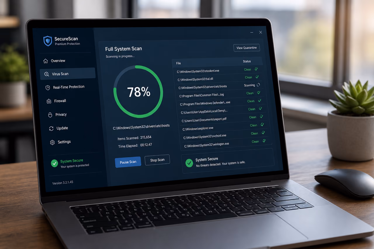 Laptop Displaying Online Virus Scanning Interface on Wooden Desk