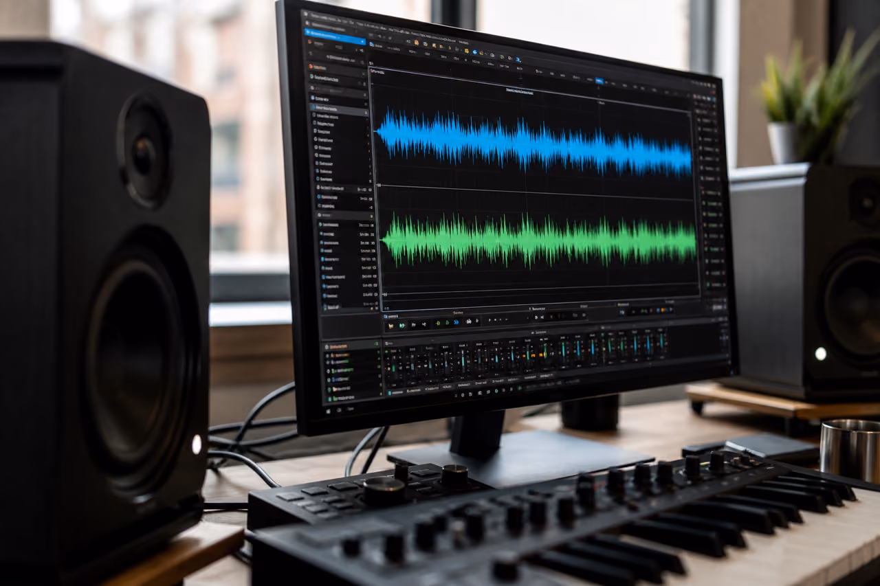 Audio Waveform of a Wav Sound Clip on Studio Monitor