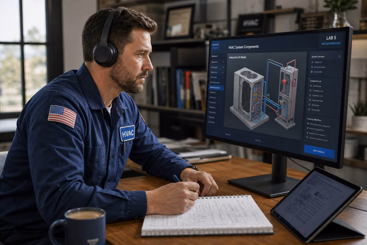 Hvac Technician Completing Online Training at a Desk