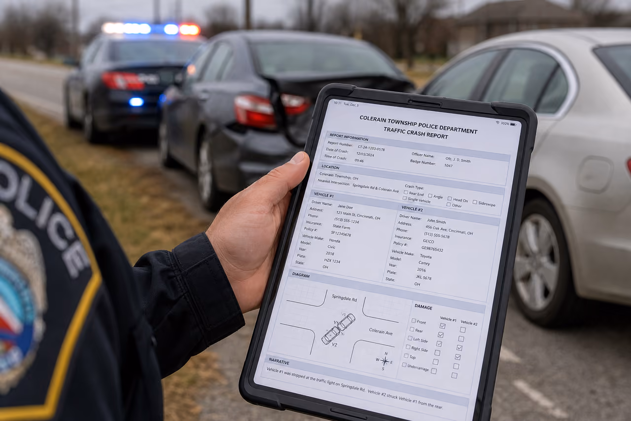 Police Officer Filing a Traffic Accident Report on a Tablet