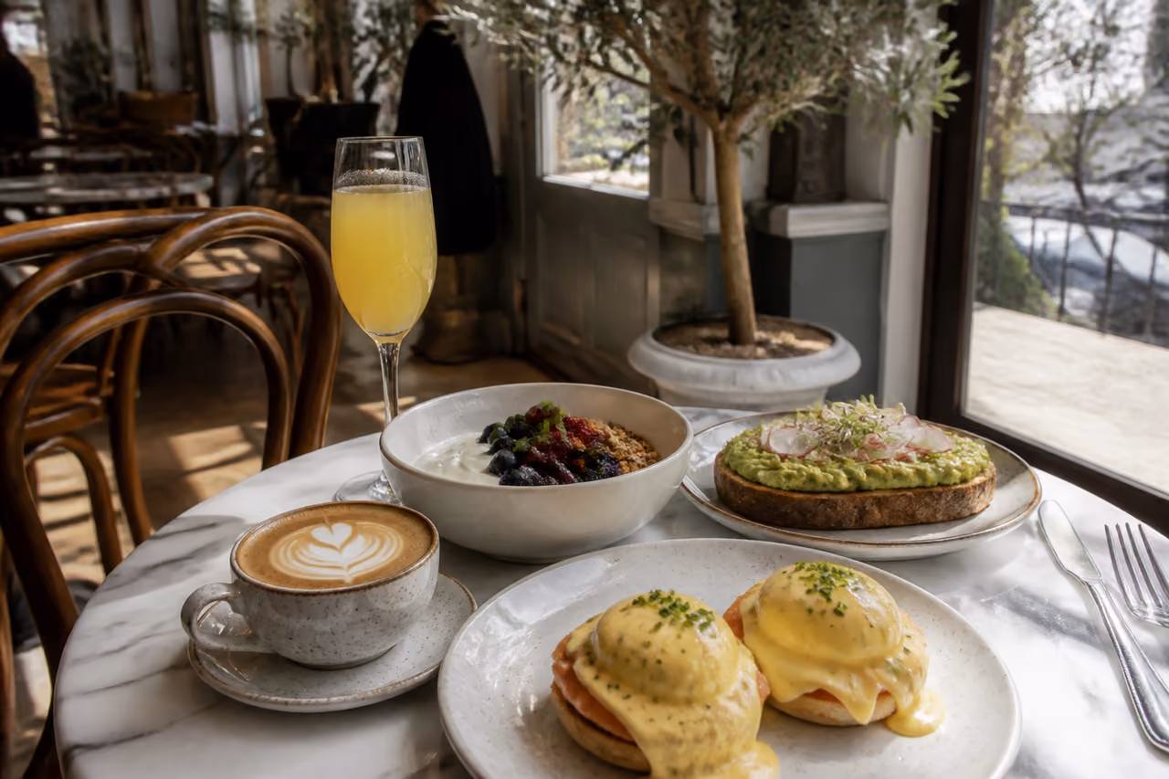 Gourmet Brunch Spread on a Marble Table in a European Cafe