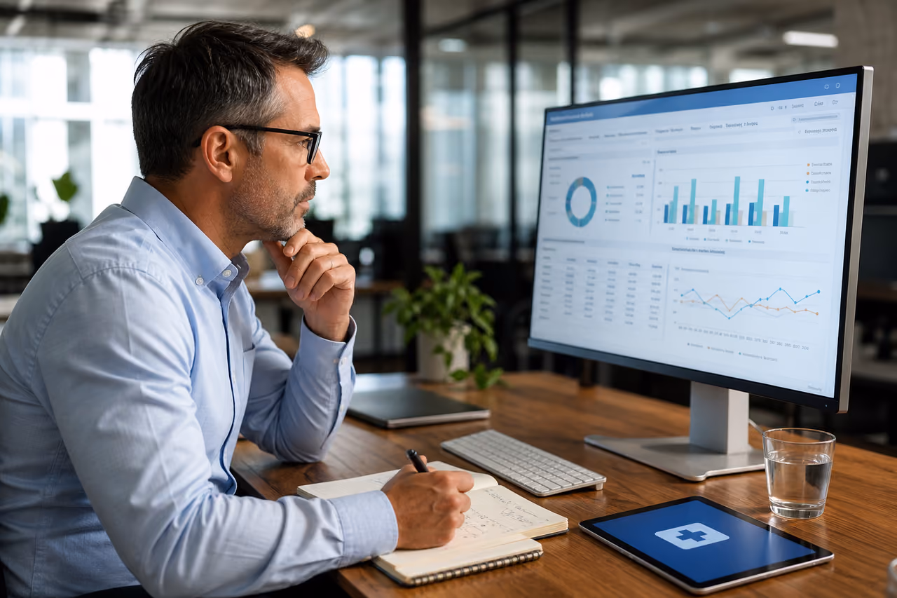 Health Economics Consultant Analyzing Data in Modern Office