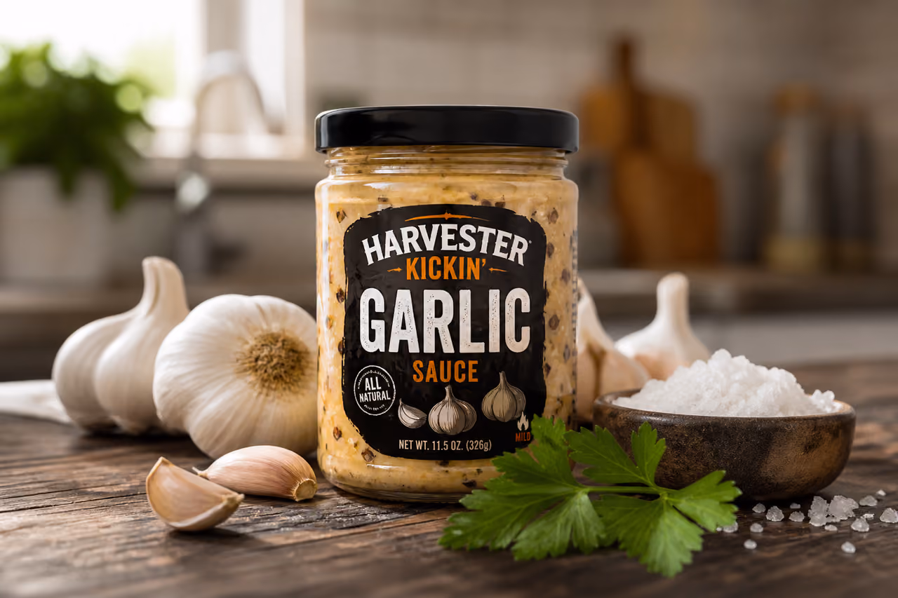 Gourmet Jar of Harvester Kickin Garlic Sauce on Rustic Wood