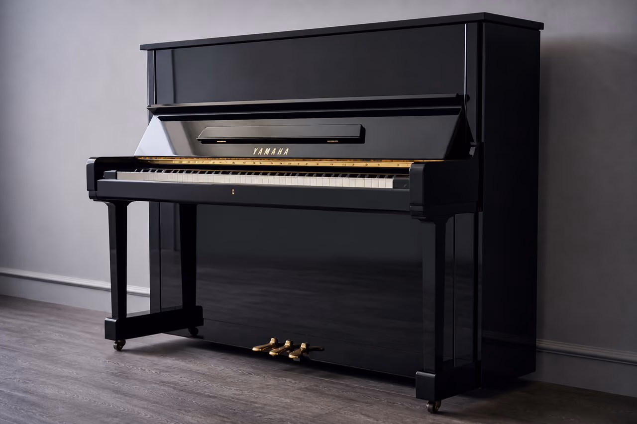 Polished Black Yamaha U3 Upright Piano in Minimalist Studio