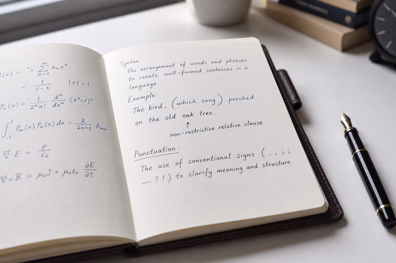 Handwritten Notes with Brackets in a Notebook on a Desk