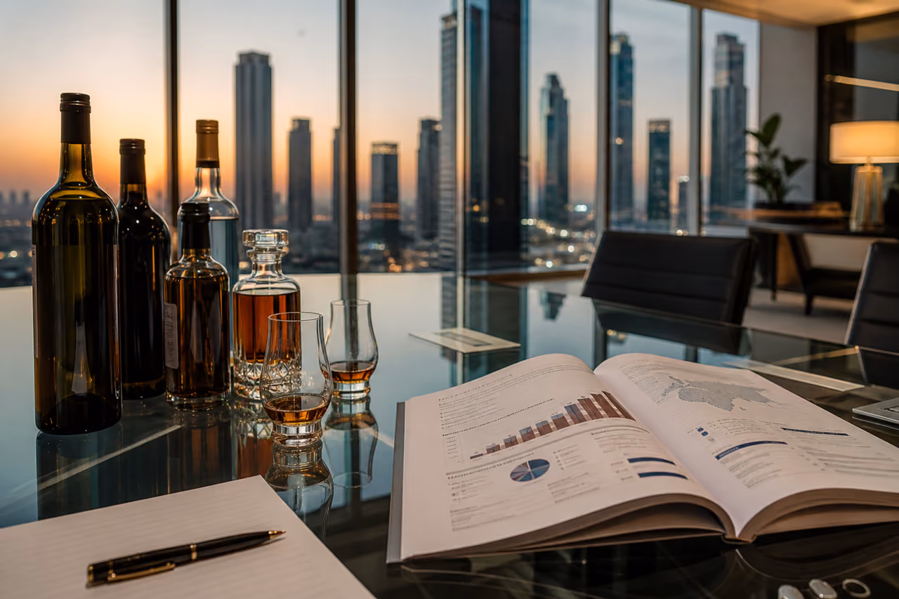 UAE Alcoholic Beverages Report on a Dusk Office Desk